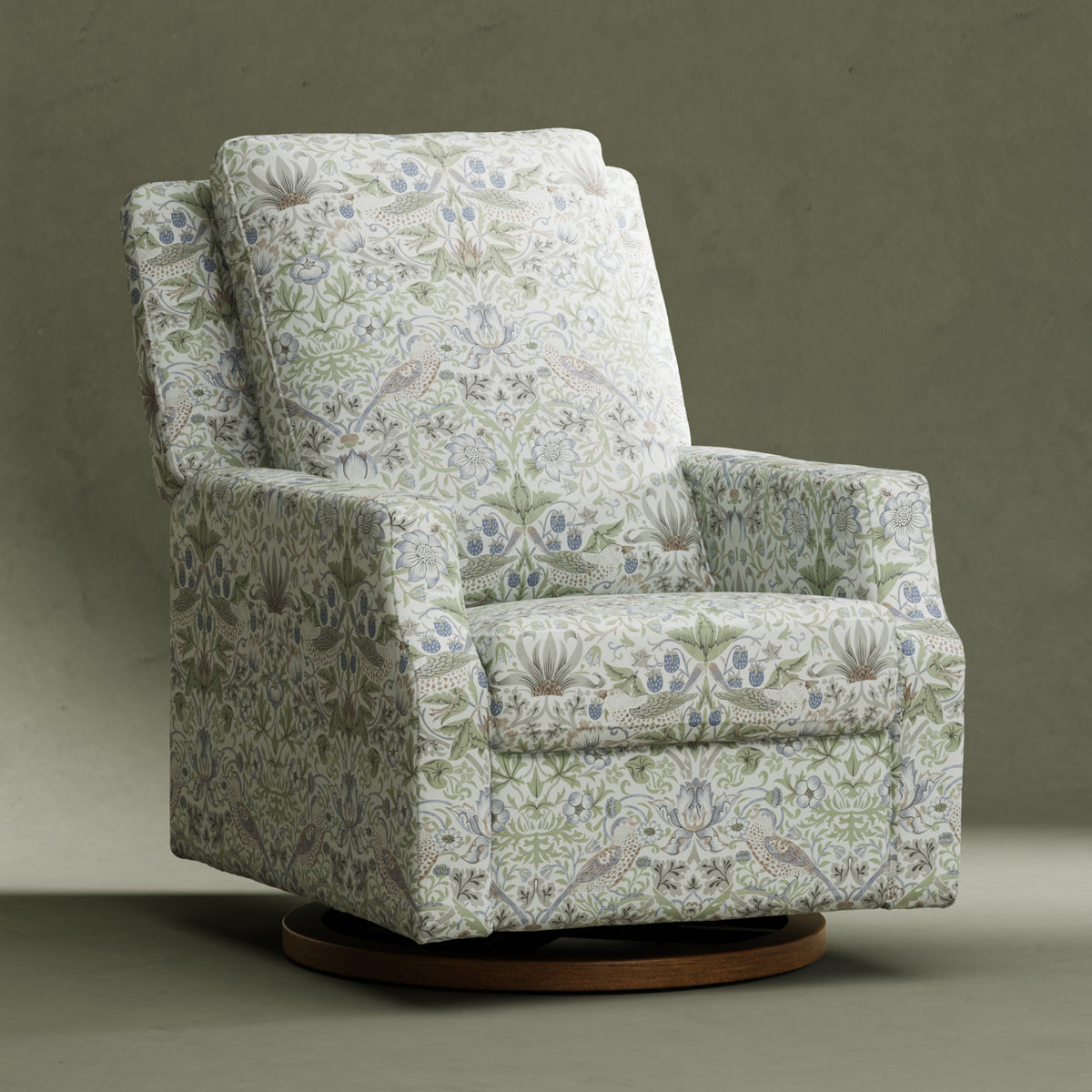 M22287TTFTDB,Namesake,Morris & Co. x Namesake Crewe Recliner & Glider in Strawberry Thief in Fig &Thyme w/Dark Wood Base