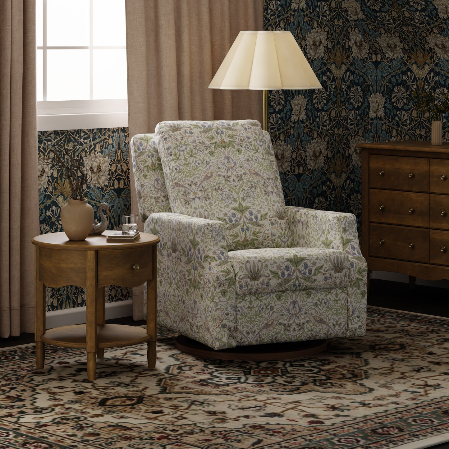 M22287TTFTDB,Namesake,Morris & Co. x Namesake Crewe Recliner & Glider in Strawberry Thief in Fig &Thyme w/Dark Wood Base