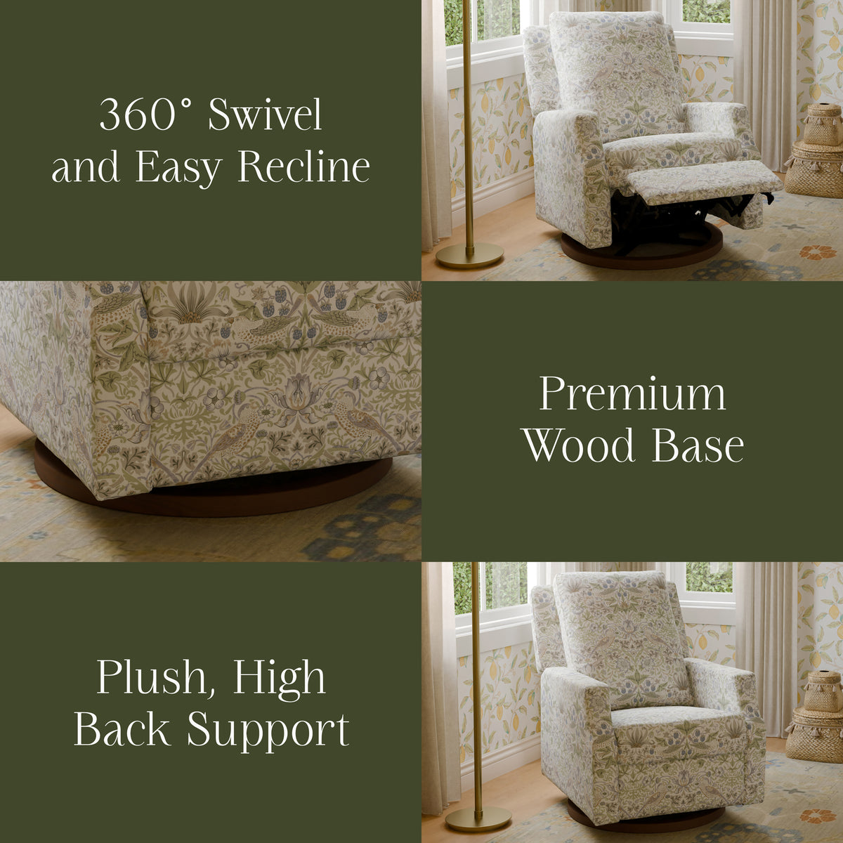 M22287TTFTDB,Namesake,Morris & Co. x Namesake Crewe Recliner & Glider in Strawberry Thief in Fig &Thyme w/Dark Wood Base