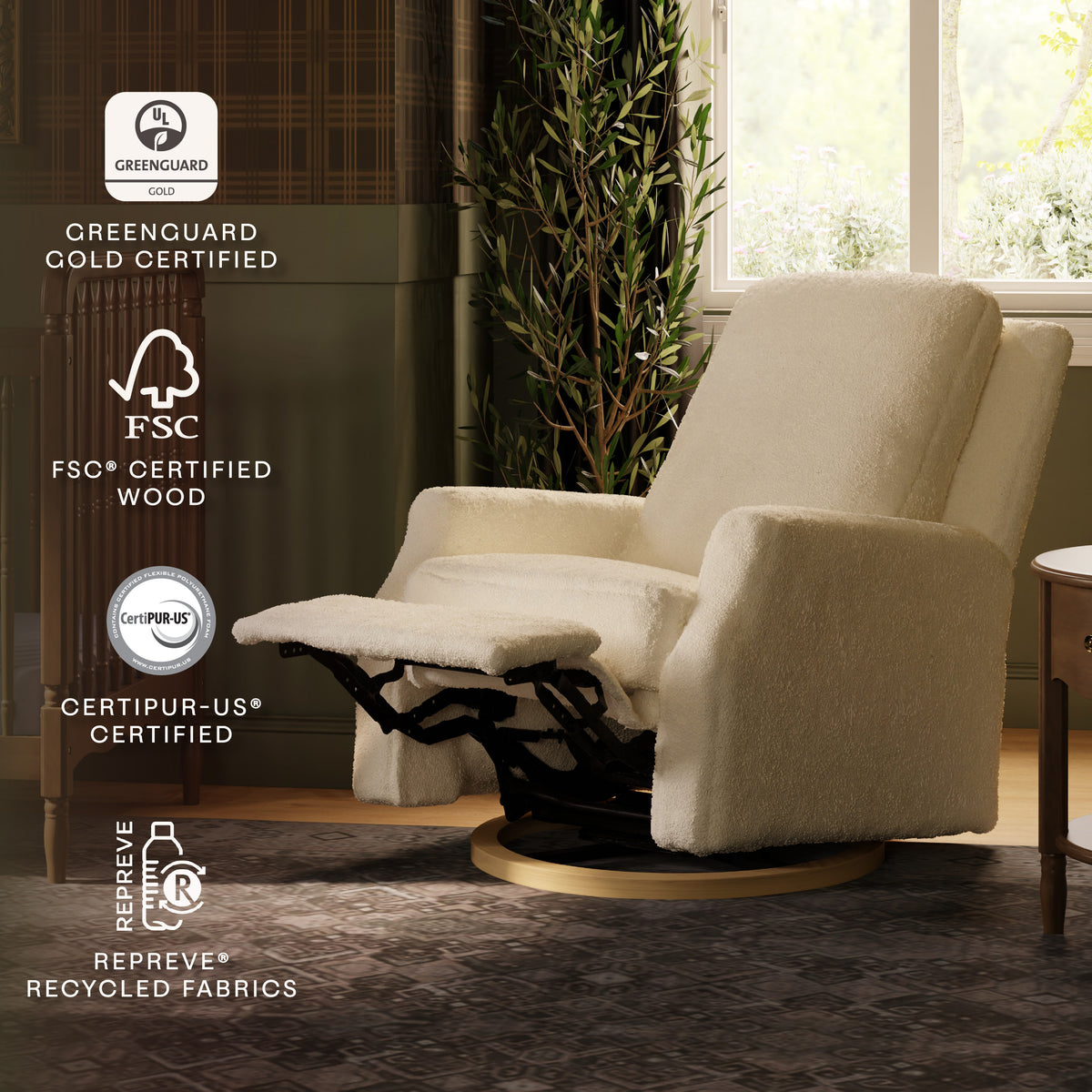 M22287WBLB,Namesake,Crewe Recliner and Swivel Glider in Ivory Boucle w/Light Wood Base