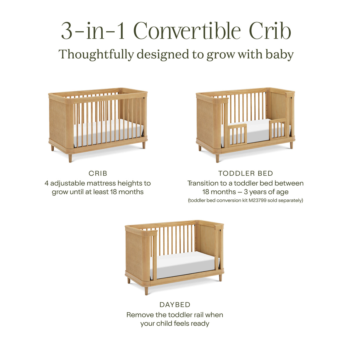 M23701HYHC,Namesake,Marin with Cane 3-in-1 Convertible Crib in Honey and Honey Cane