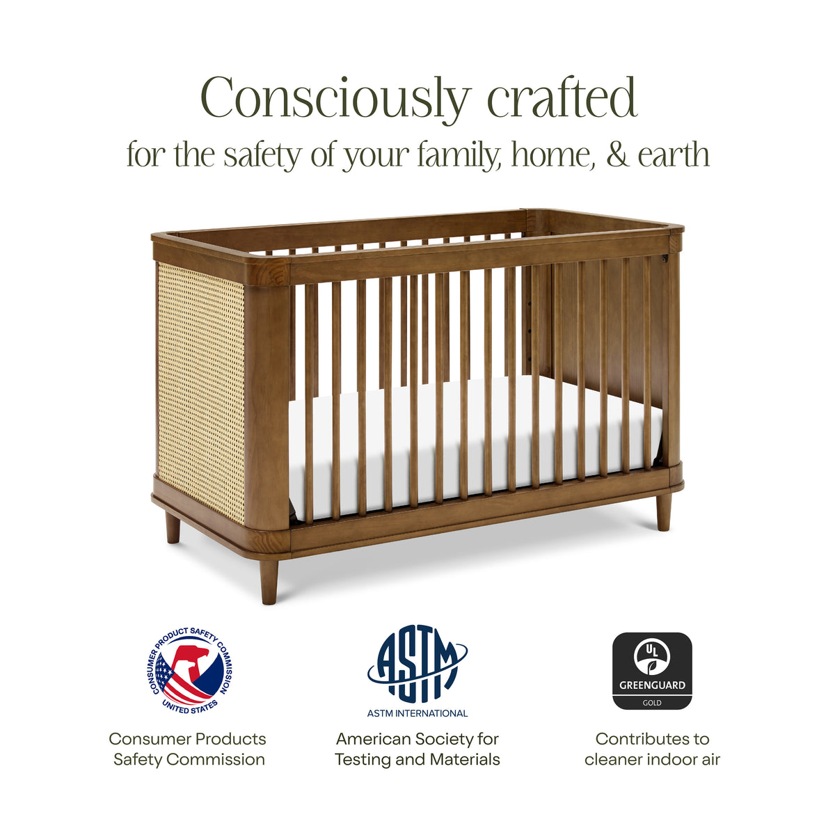 M23701NLBC,Namesake,Marin with Cane 3-in-1 Convertible Crib in Natural Walnut and Blonde Cane