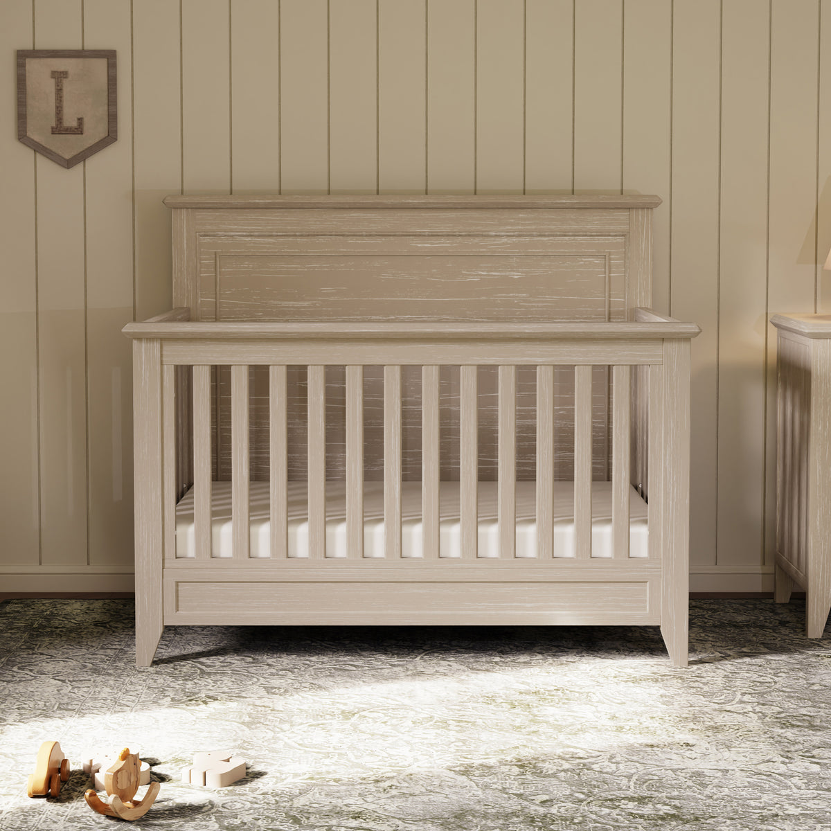 M24401SDB,Monogram by Namesake,Barrow Rustic 4-in-1 Convertible Flat Top Crib in Sandbar
