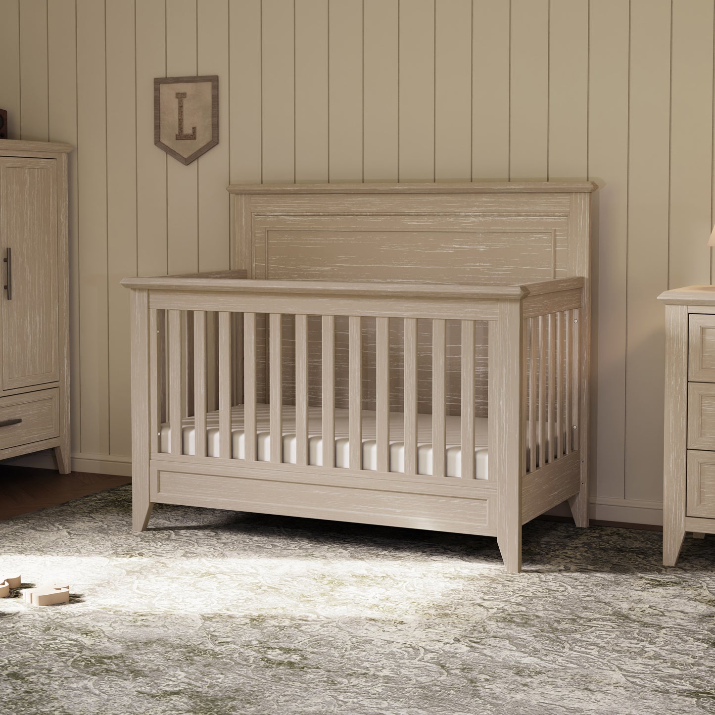 M24401SDB,Monogram by Namesake,Barrow Rustic 4-in-1 Convertible Flat Top Crib in Sandbar