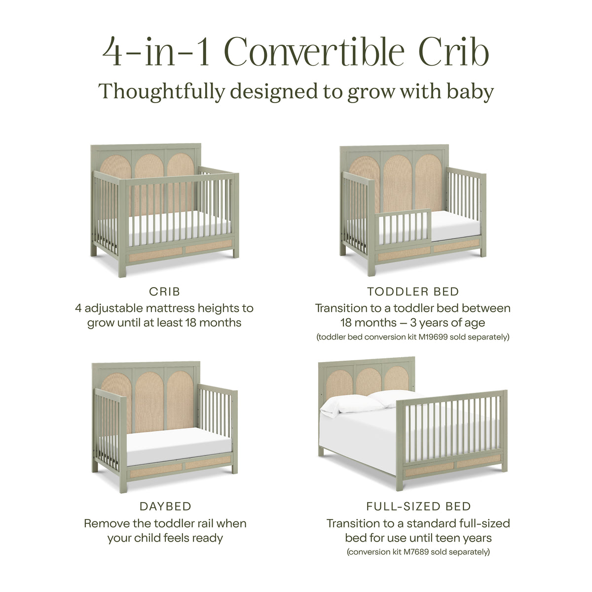 M24801FSPSEW,Namesake,Eloise 4-in-1 Convertible Crib in French Sage and Performance Sand Eco-Weave