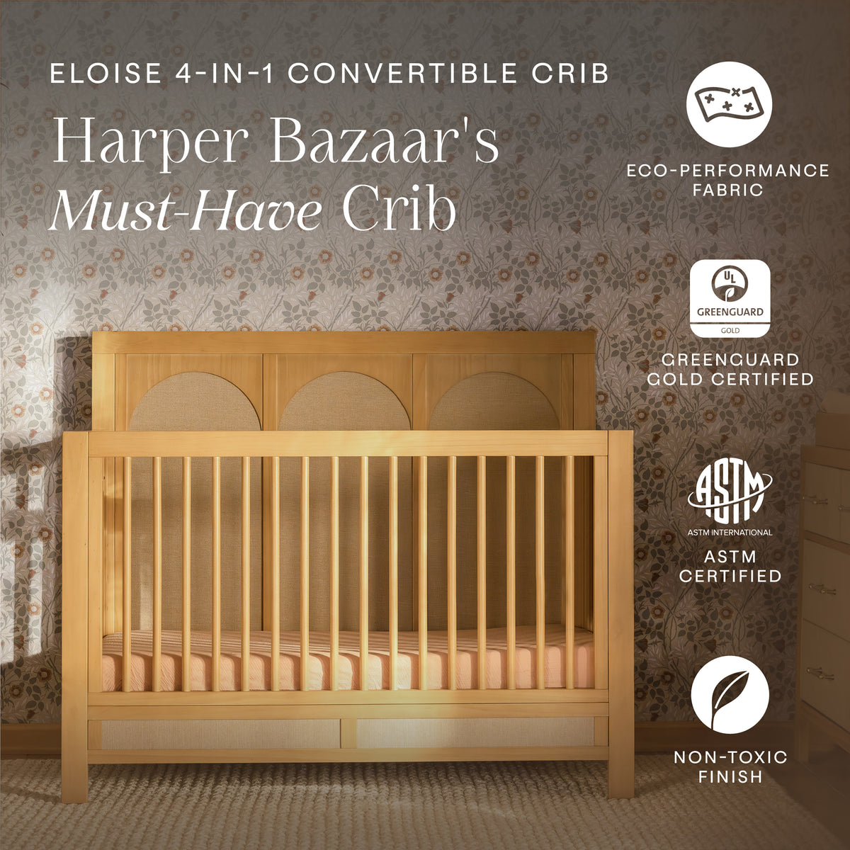 M24801HYPSEW,Namesake,Eloise 4-in-1 Convertible Crib in Honey & Performance Sand Eco-Weave