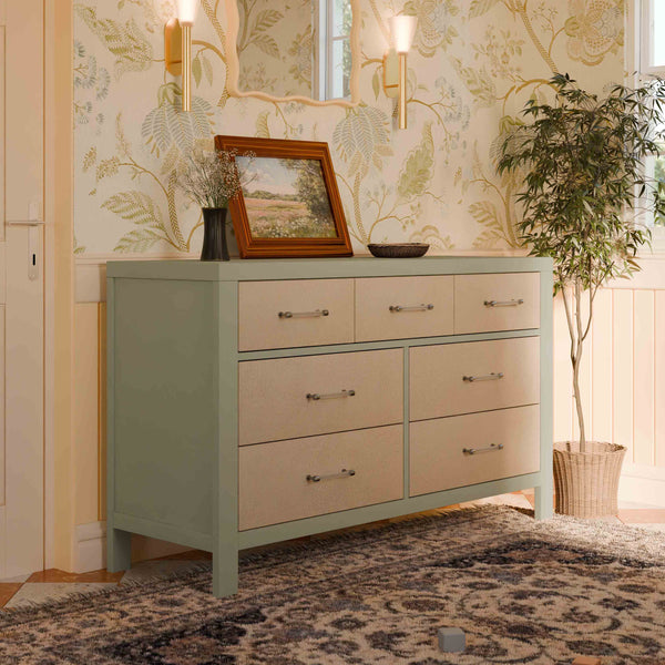 M24816FSPSEW,Namesake,Eloise 7-Drawer Assembled Dresser in French Sage and Performance Sand Eco-Weave