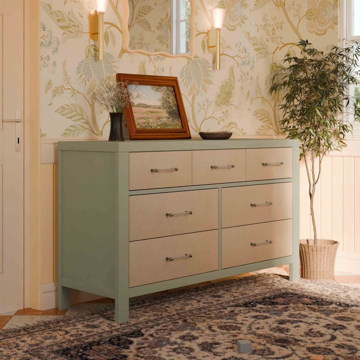 M24816FSPSEW,Namesake,Eloise 7-Drawer Assembled Dresser in French Sage and Performance Sand Eco-Weave