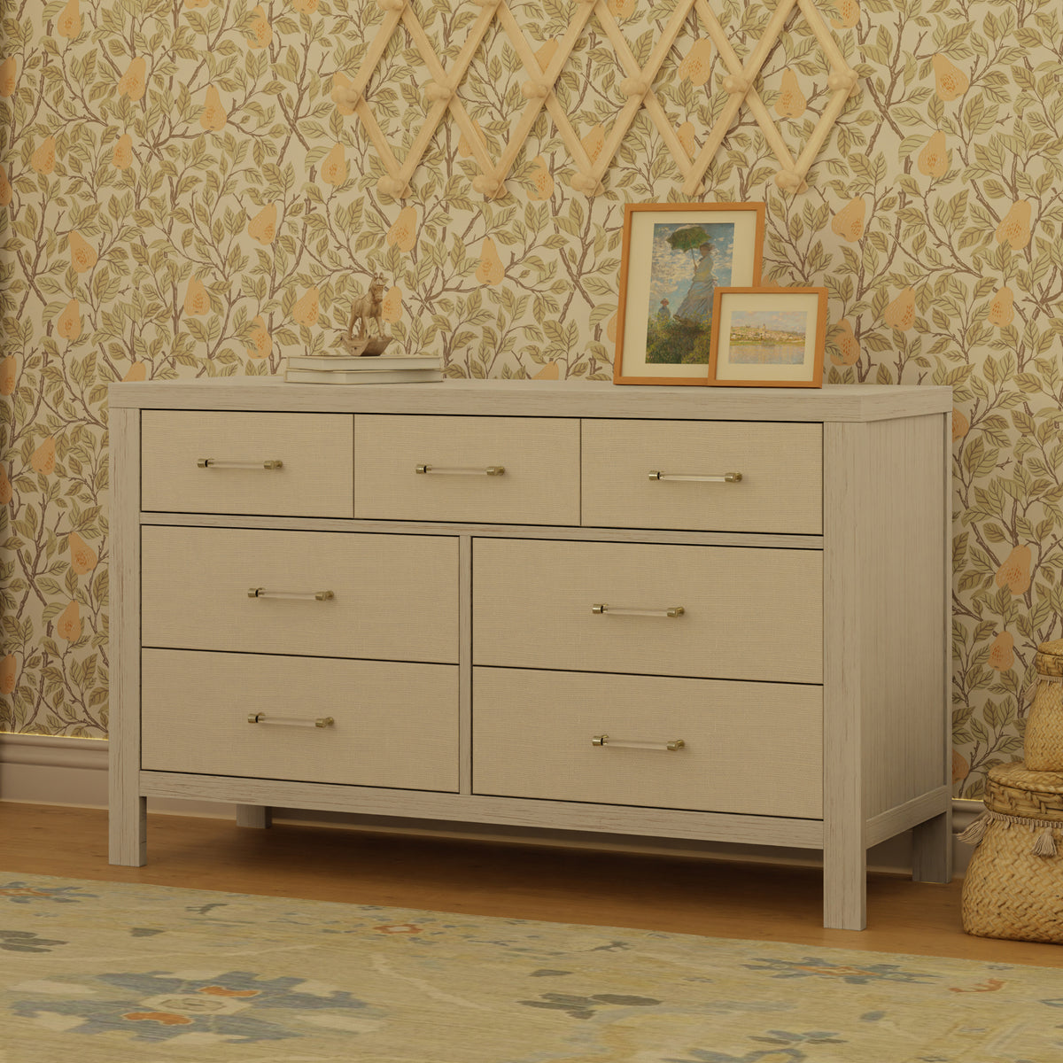 M24816WDFPEW,Namesake,Eloise 7-Drawer Assembled Dresser in White Driftwood and Performance Pearl Eco-Weave