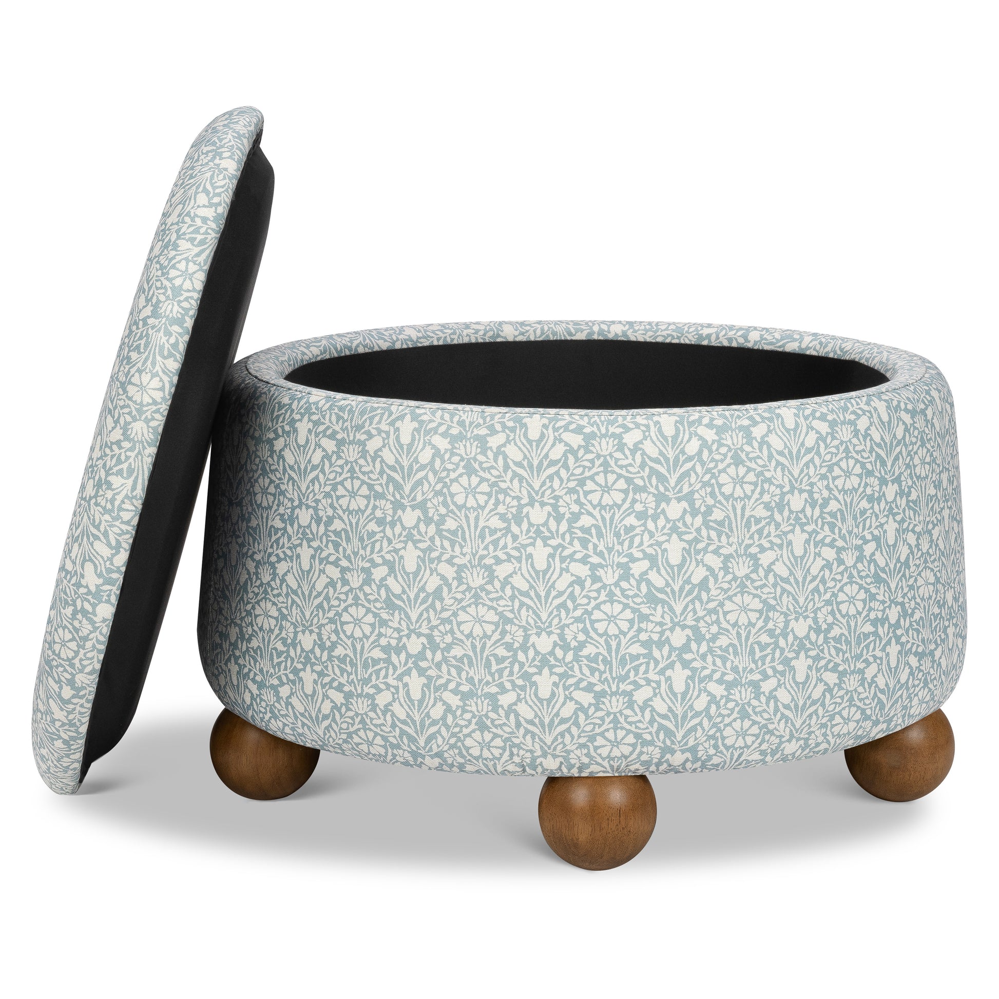 M30985BPBDF,Namesake,Morris & Co. x Namesake Tuffet Storage Ottoman Bellflowers in Powdered Blue w/DarkWood Ball Feet