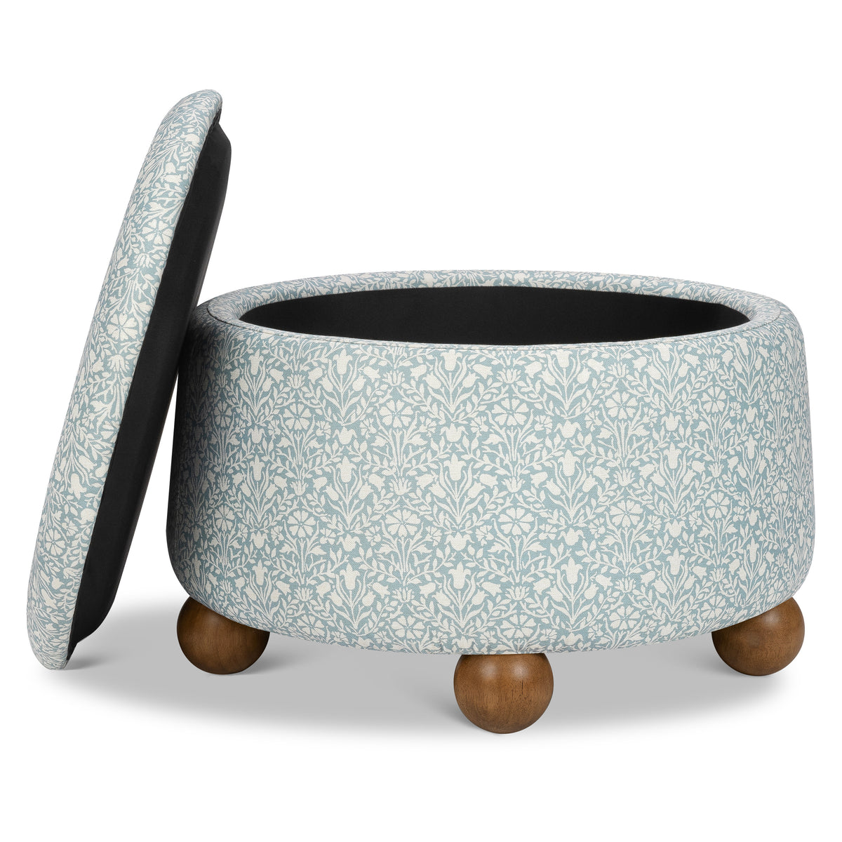 M30985BPBDF,Namesake,Morris & Co. x Namesake Tuffet Storage Ottoman Bellflowers in Powdered Blue w/DarkWood Ball Feet