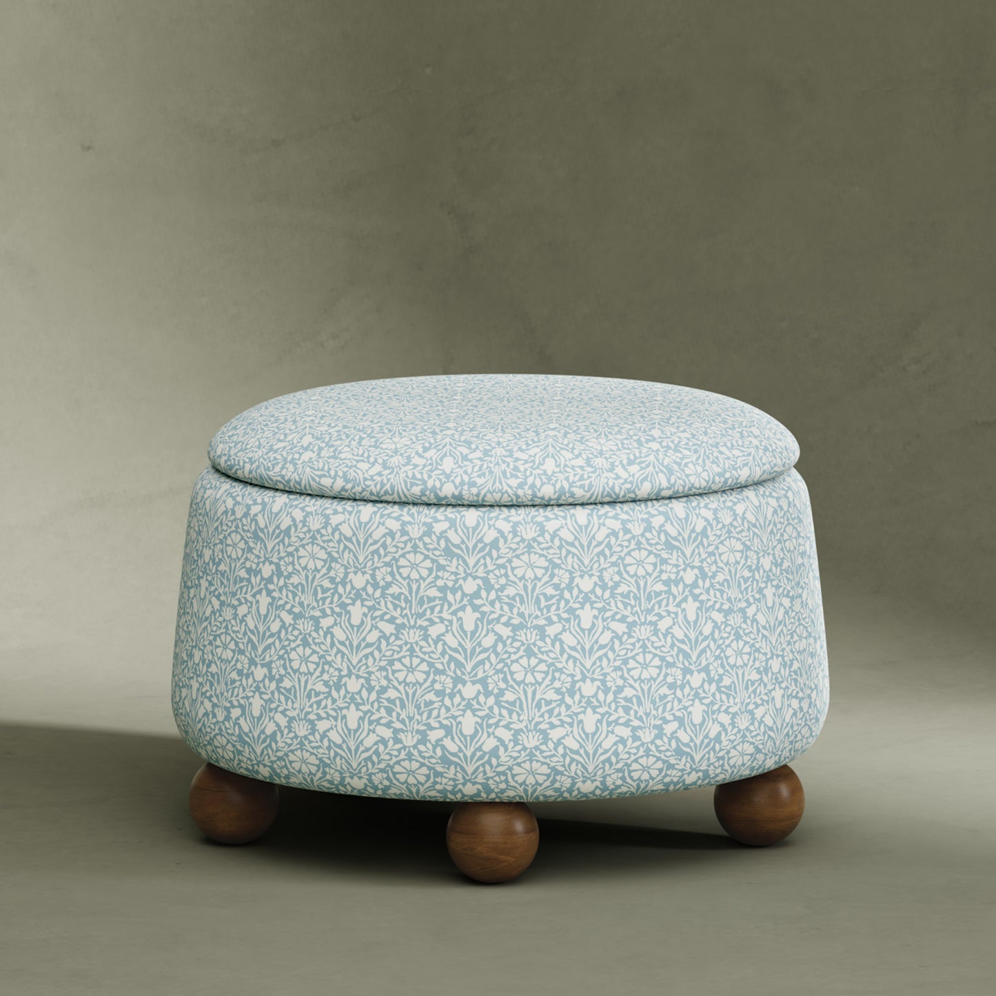 M30985BPBDF,Namesake,Morris & Co. x Namesake Tuffet Storage Ottoman Bellflowers in Powdered Blue w/DarkWood Ball Feet