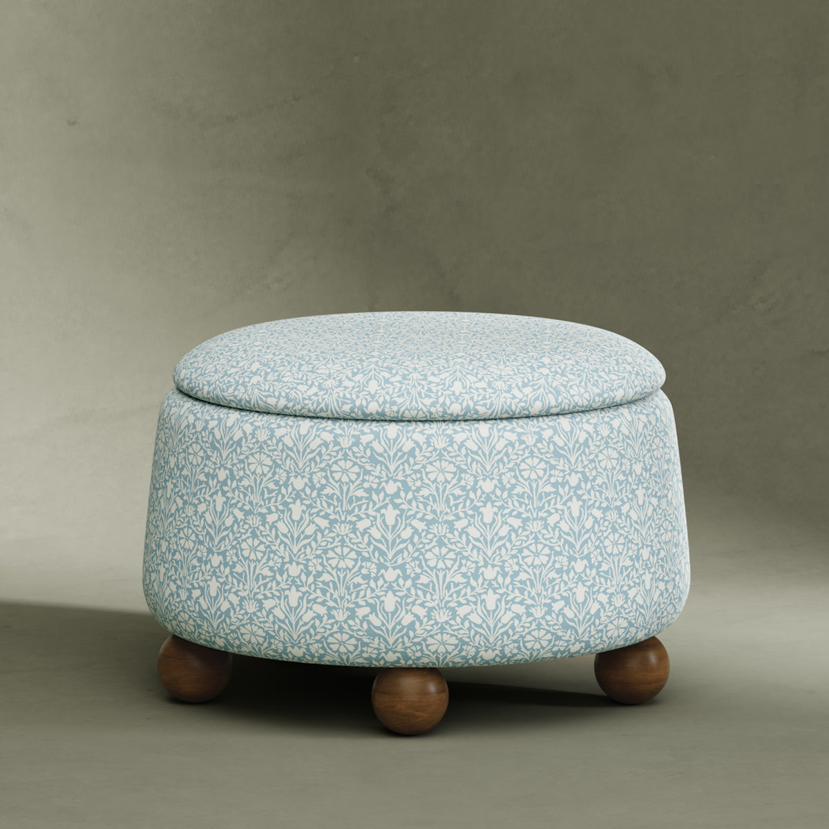 M30985BPBDF,Namesake,Morris & Co. x Namesake Tuffet Storage Ottoman Bellflowers in Powdered Blue w/DarkWood Ball Feet