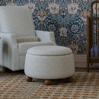 M30985BPBDF,Namesake,Morris & Co. x Namesake Tuffet Storage Ottoman Bellflowers in Powdered Blue w/DarkWood Ball Feet