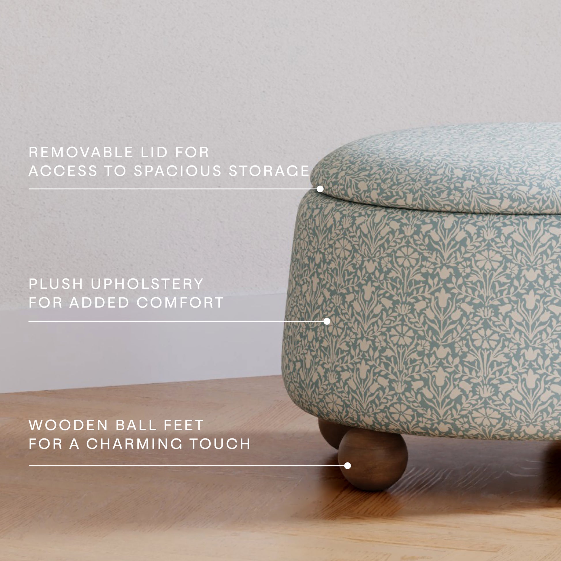 M30985BPBDF,Namesake,Morris & Co. x Namesake Tuffet Storage Ottoman Bellflowers in Powdered Blue w/DarkWood Ball Feet