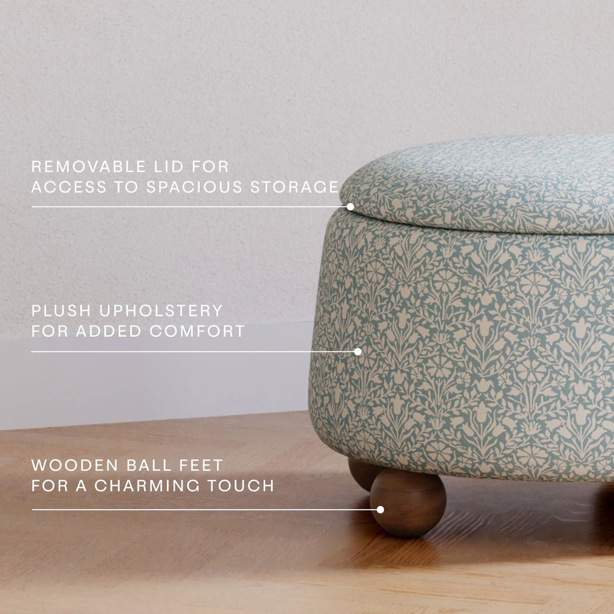 M30985BPBDF,Namesake,Morris & Co. x Namesake Tuffet Storage Ottoman Bellflowers in Powdered Blue w/DarkWood Ball Feet