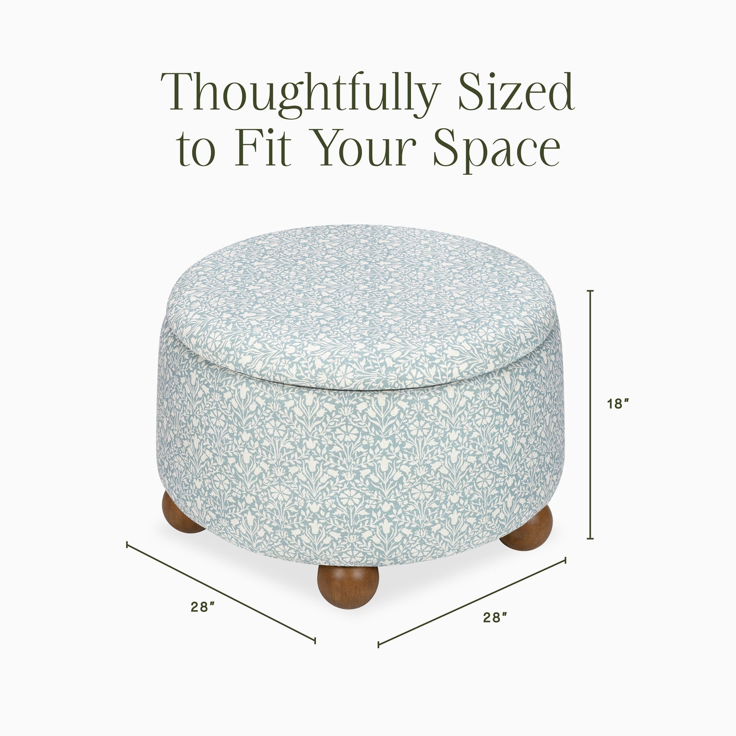 M30985BPBDF,Namesake,Morris & Co. x Namesake Tuffet Storage Ottoman Bellflowers in Powdered Blue w/DarkWood Ball Feet
