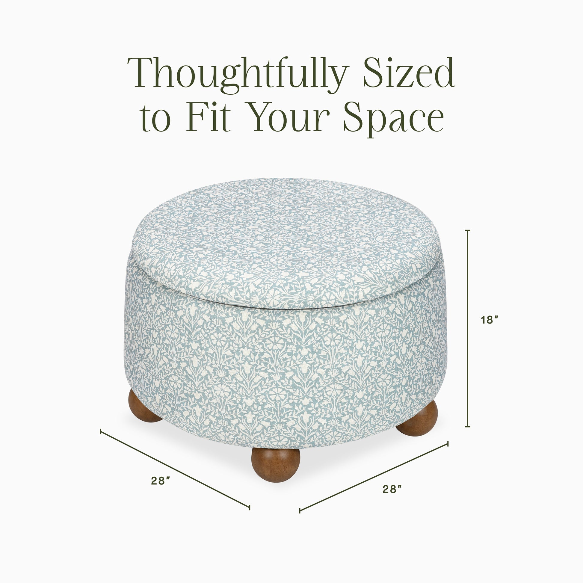 M30985BPBDF,Namesake,Morris & Co. x Namesake Tuffet Storage Ottoman Bellflowers in Powdered Blue w/DarkWood Ball Feet