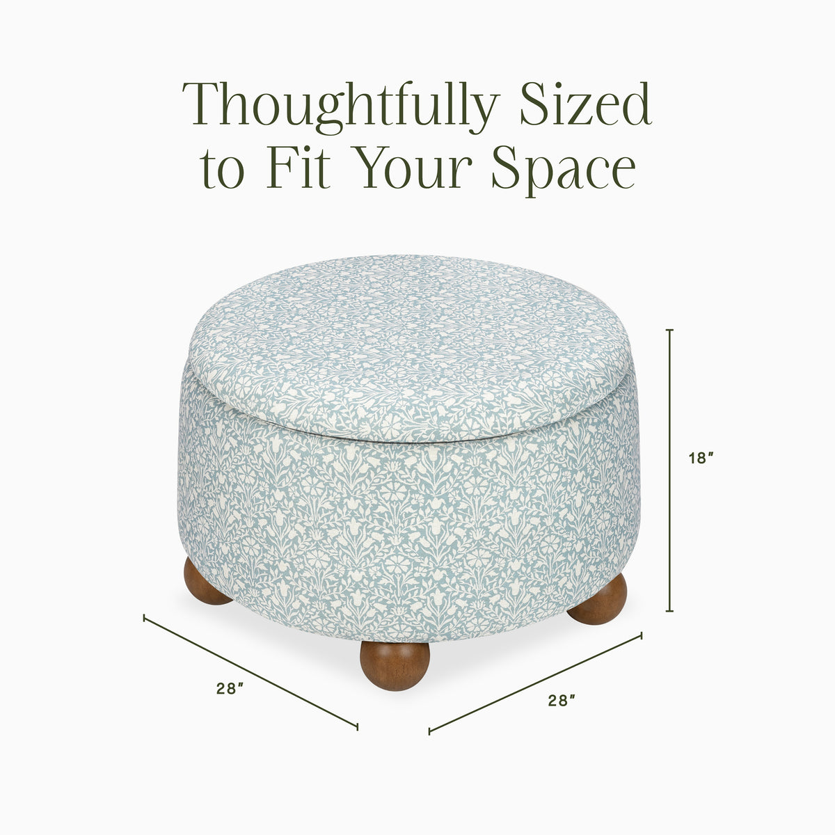 M30985BPBDF,Namesake,Morris & Co. x Namesake Tuffet Storage Ottoman Bellflowers in Powdered Blue w/DarkWood Ball Feet