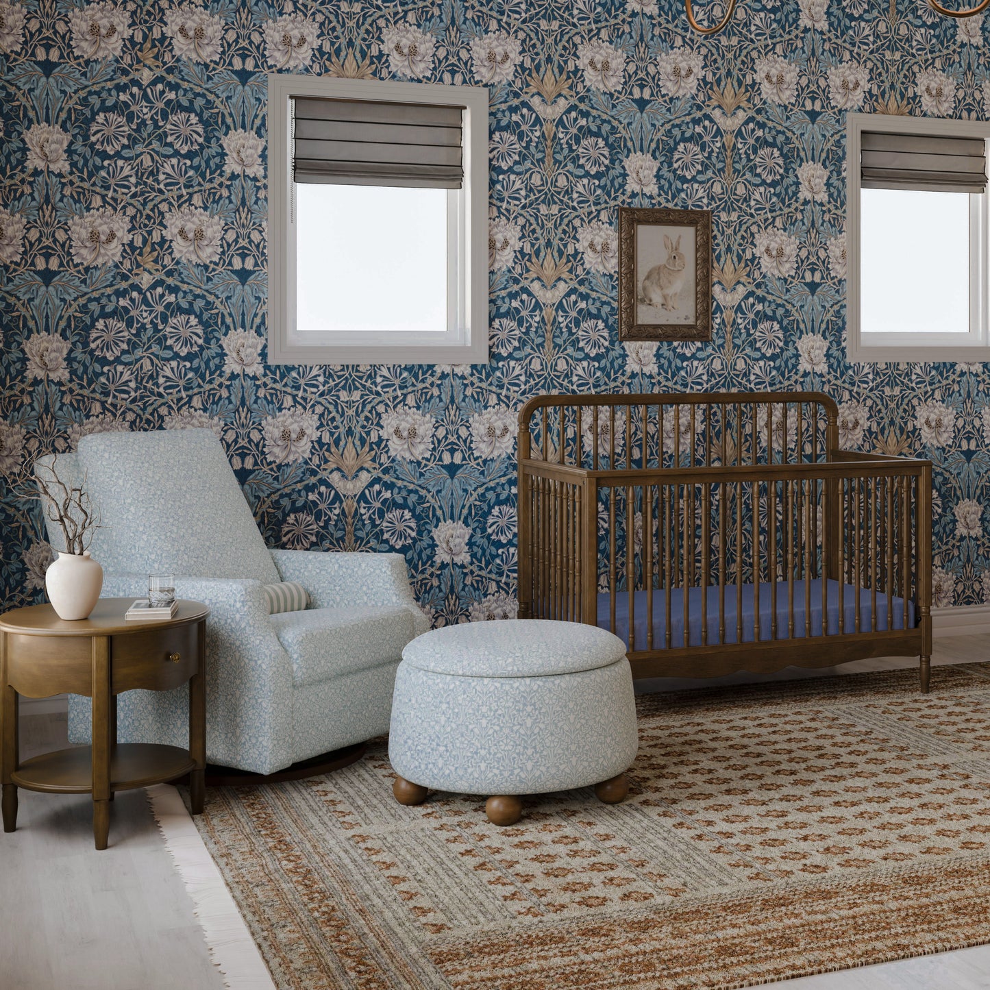 M30985BPBDF,Namesake,Morris & Co. x Namesake Tuffet Storage Ottoman Bellflowers in Powdered Blue w/DarkWood Ball Feet