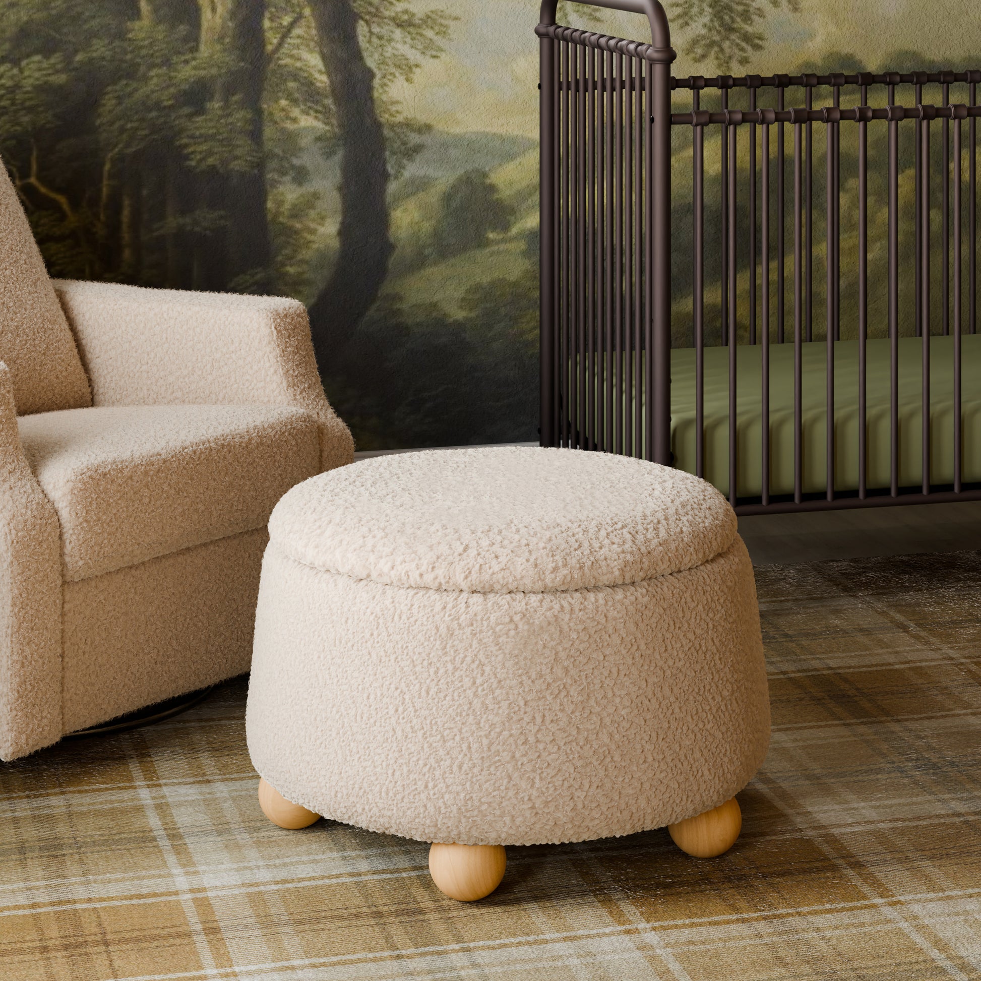M30985CSGHF,Namesake,Tuffet Storage Ottoman in Chai Shearling w/Honey Ball Feet