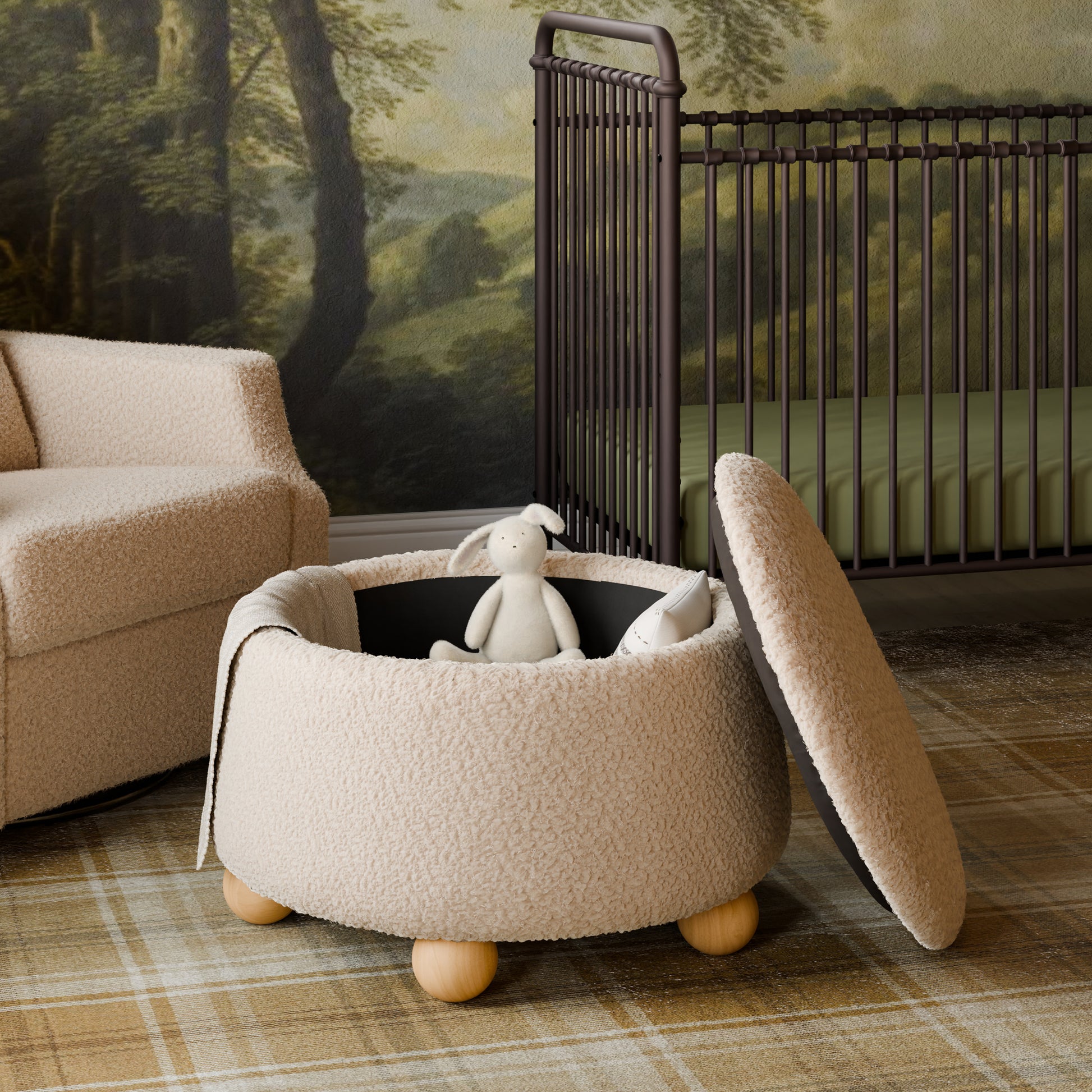 M30985CSGHF,Namesake,Tuffet Storage Ottoman in Chai Shearling w/Honey Ball Feet
