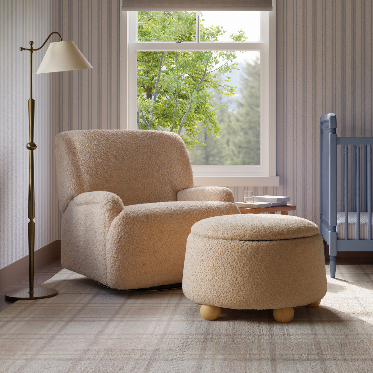M30985CSGHF,Namesake,Tuffet Storage Ottoman in Chai Shearling w/Honey Ball Feet