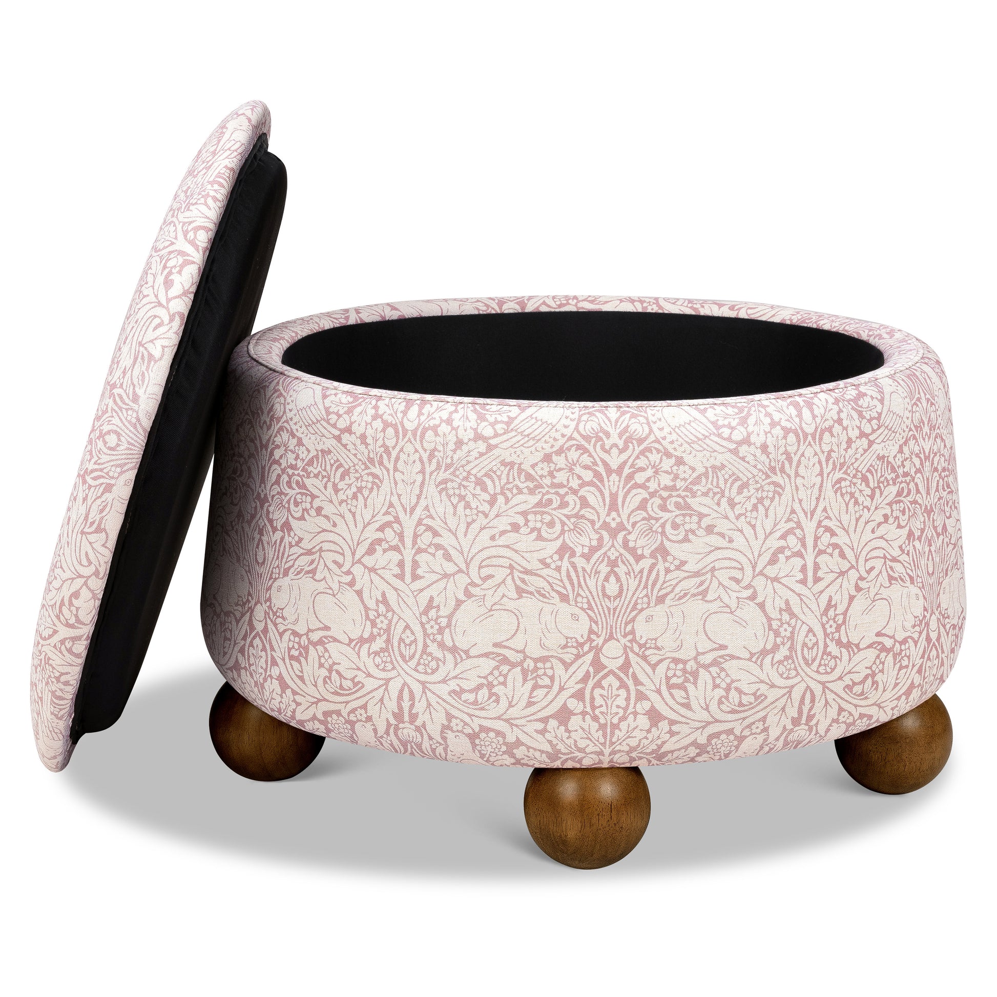 M30985PBRRDF,Namesake,Morris & Co. x Namesake Tuffet Storage Ottoman Pure Brer Rabbit in Rose w/Dark Wood Ball Feet