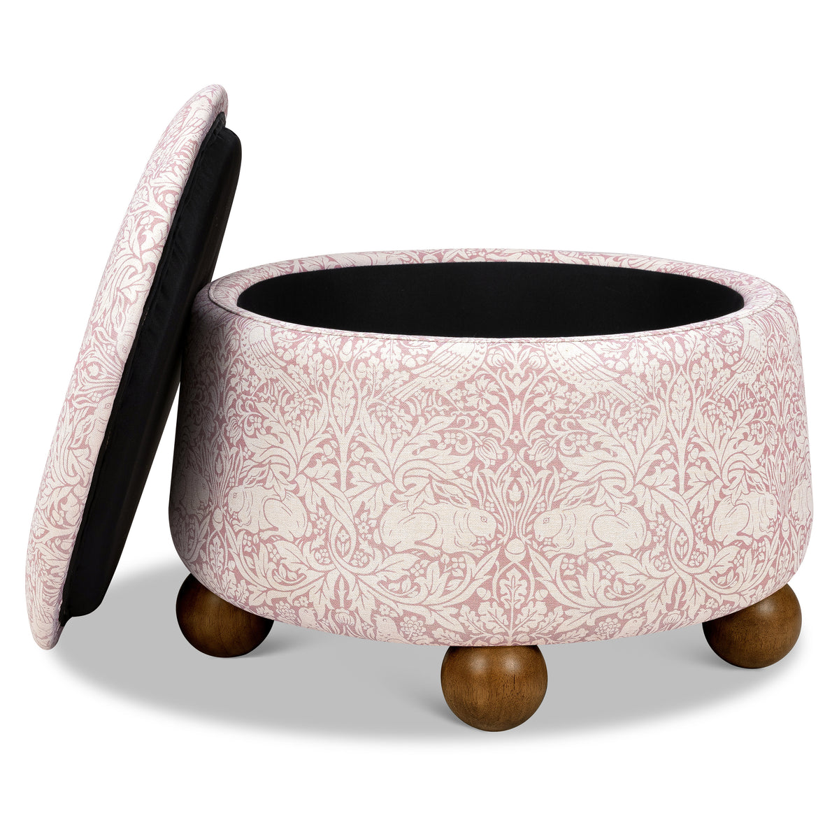 M30985PBRRDF,Namesake,Morris & Co. x Namesake Tuffet Storage Ottoman Pure Brer Rabbit in Rose w/Dark Wood Ball Feet