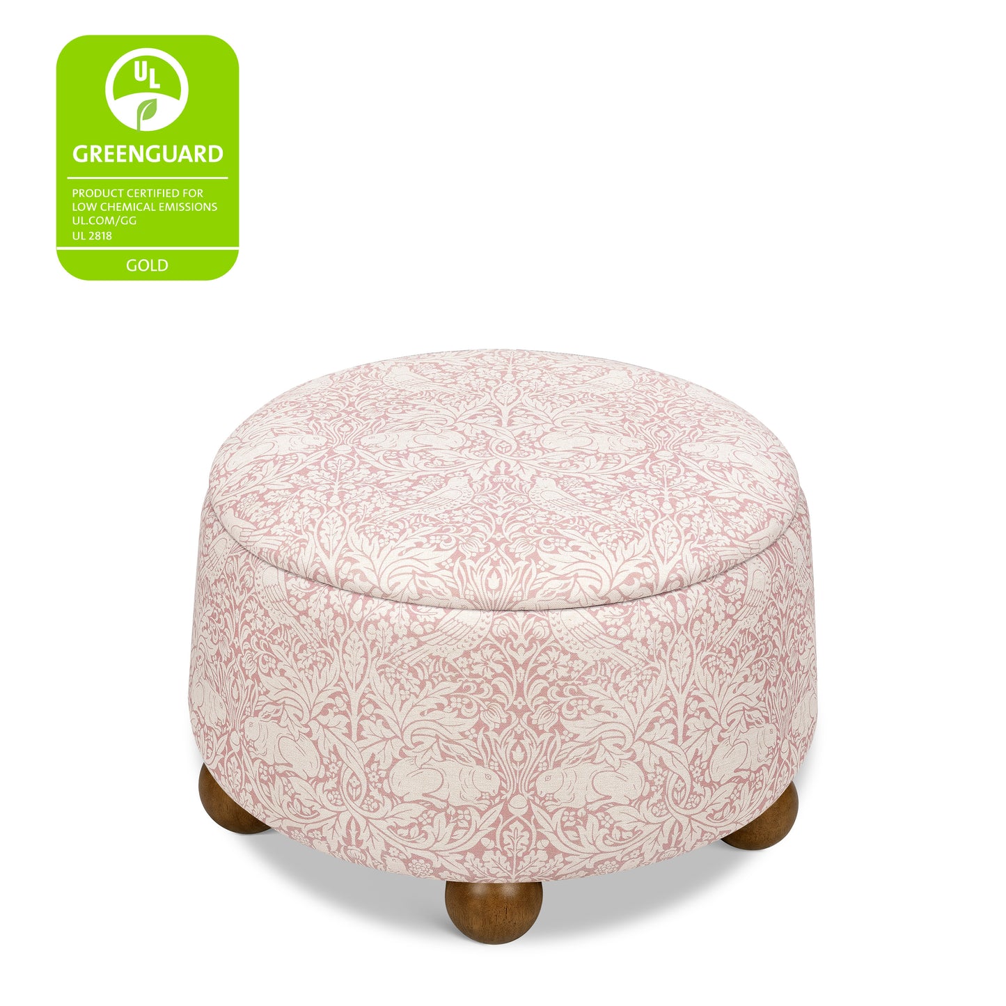 M30985PBRRDF,Namesake,Morris & Co. x Namesake Tuffet Storage Ottoman Pure Brer Rabbit in Rose w/Dark Wood Ball Feet