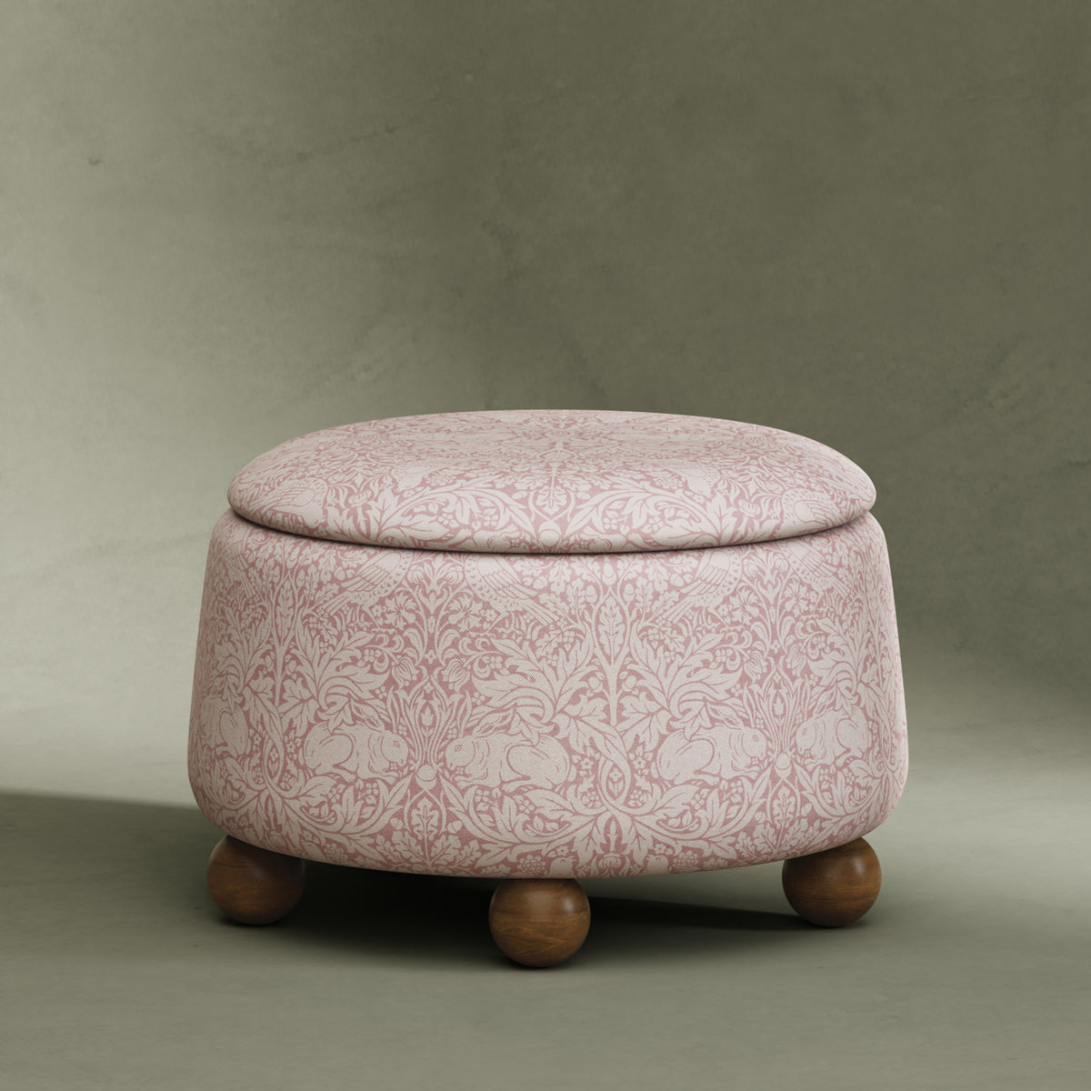 M30985PBRRDF,Namesake,Morris & Co. x Namesake Tuffet Storage Ottoman Pure Brer Rabbit in Rose w/Dark Wood Ball Feet
