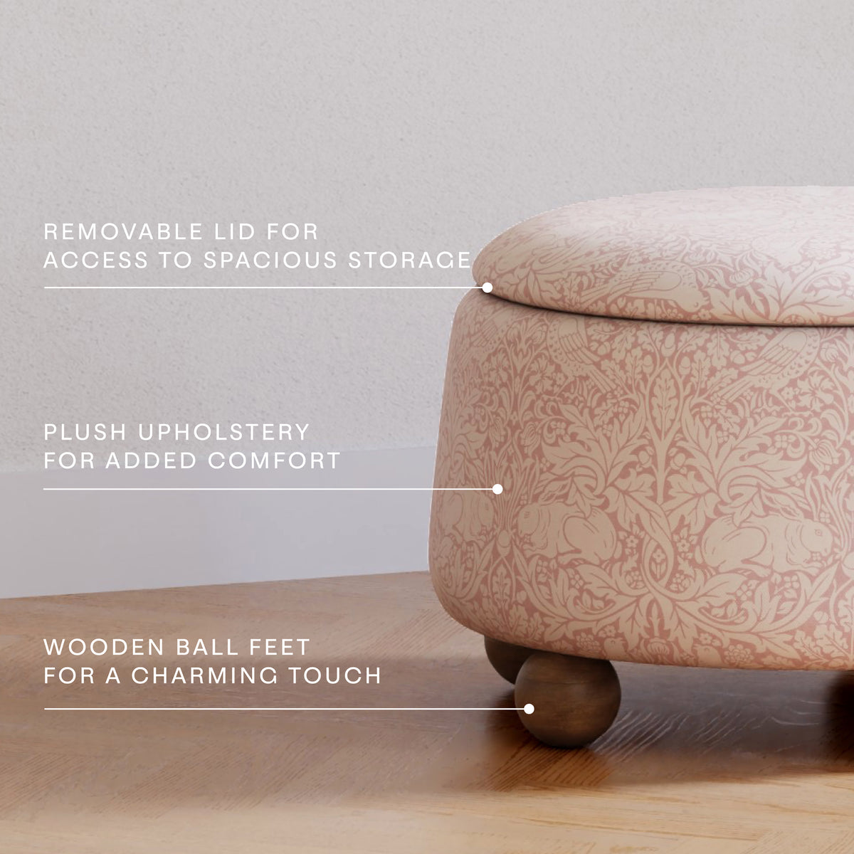 M30985PBRRDF,Namesake,Morris & Co. x Namesake Tuffet Storage Ottoman Pure Brer Rabbit in Rose w/Dark Wood Ball Feet