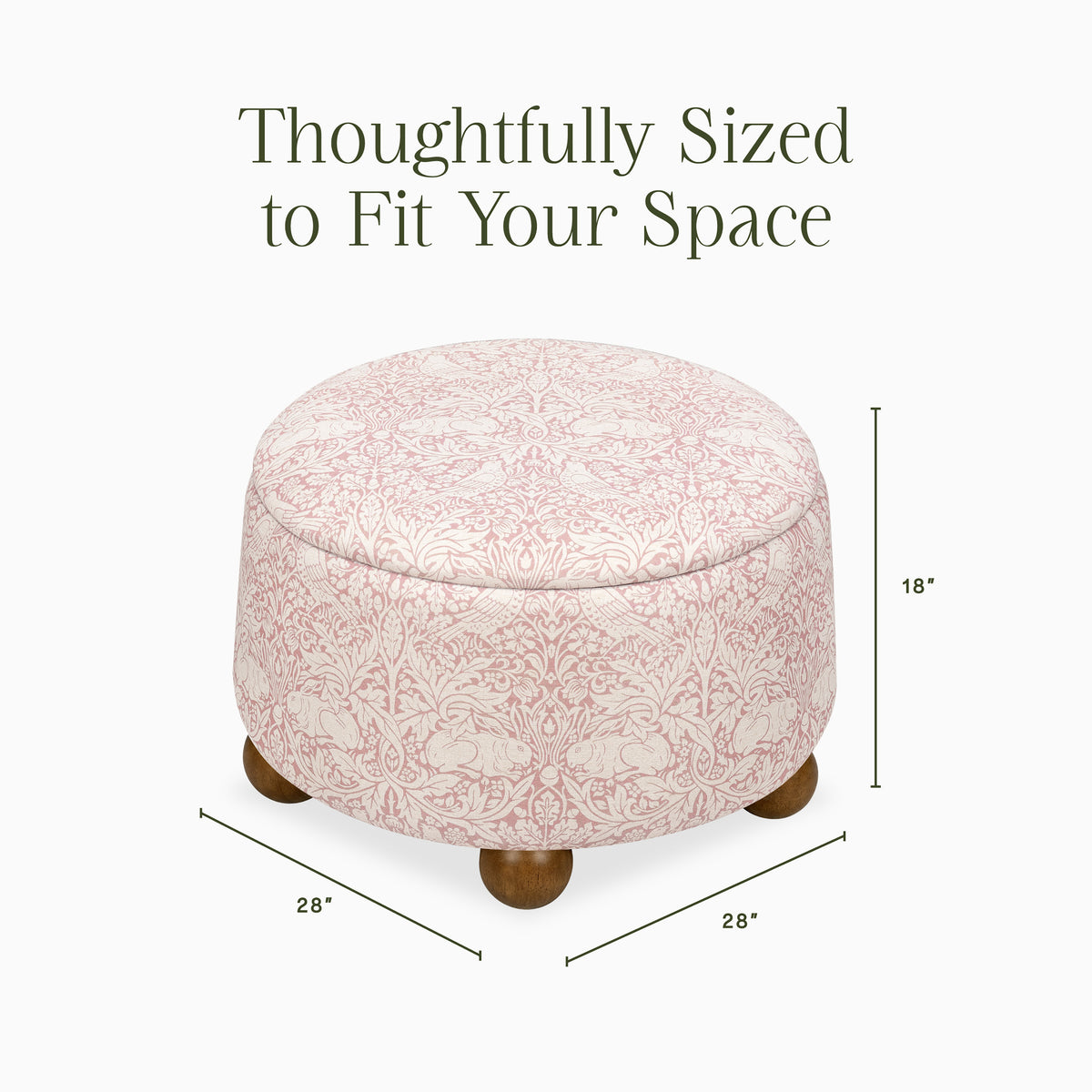 M30985PBRRDF,Namesake,Morris & Co. x Namesake Tuffet Storage Ottoman Pure Brer Rabbit in Rose w/Dark Wood Ball Feet