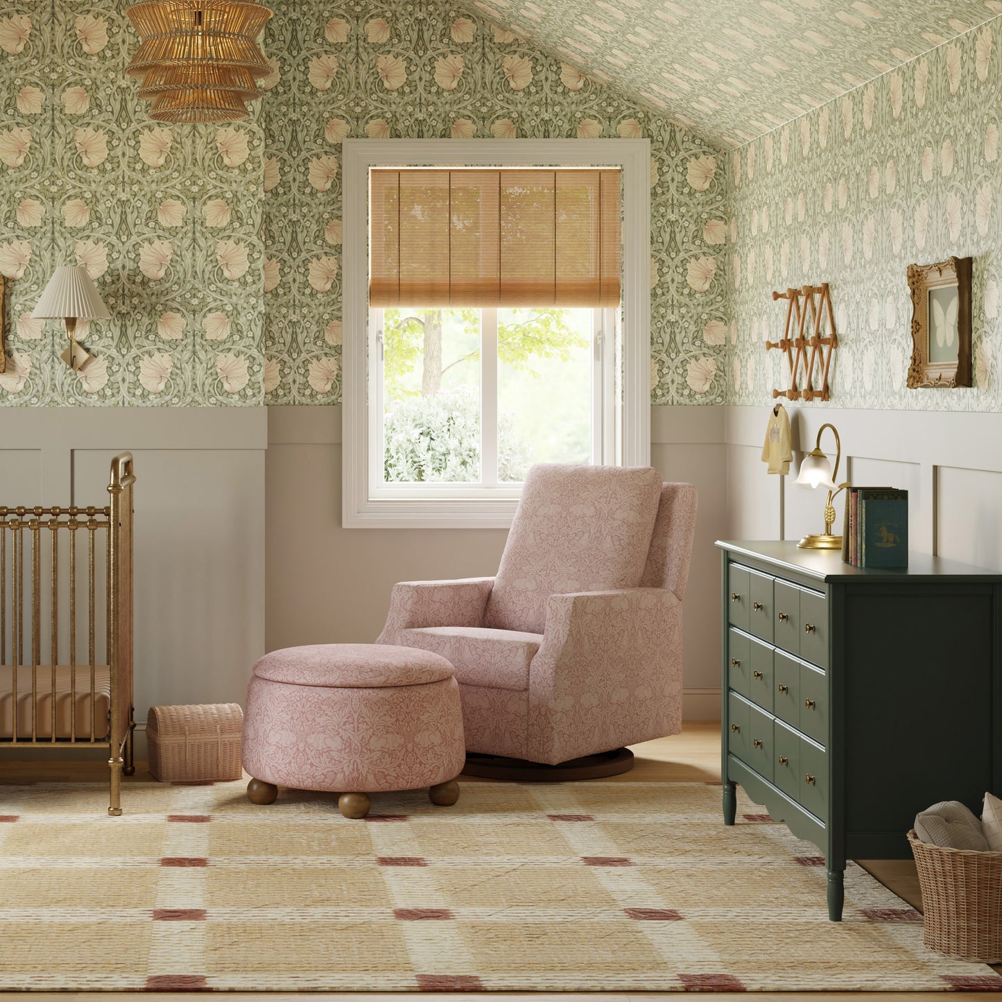 M30985PBRRDF,Namesake,Morris & Co. x Namesake Tuffet Storage Ottoman Pure Brer Rabbit in Rose w/Dark Wood Ball Feet