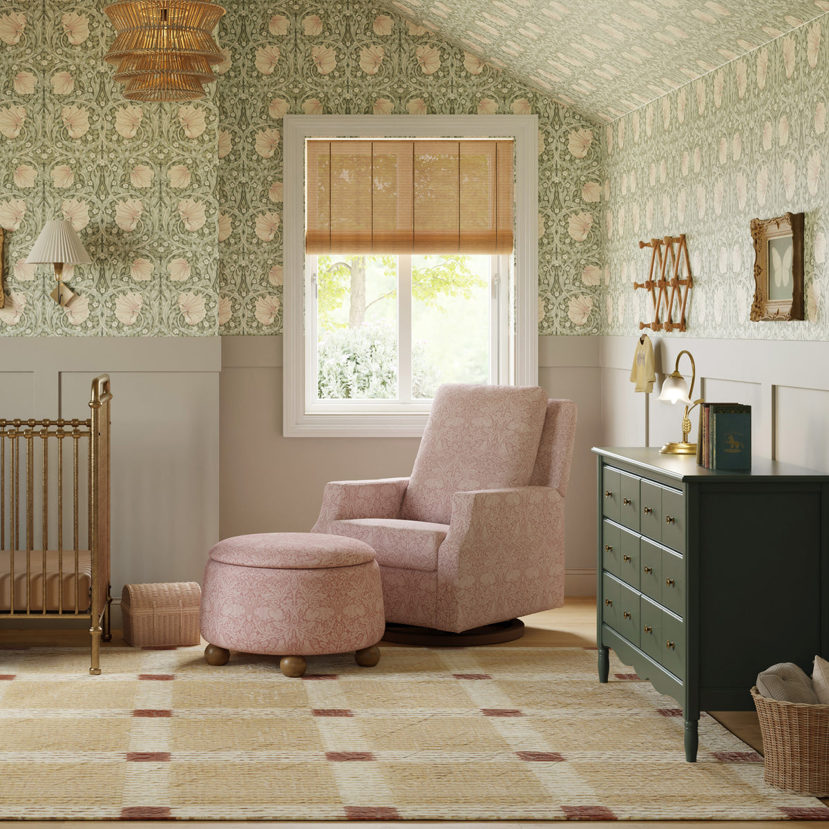 M30985PBRRDF,Namesake,Morris & Co. x Namesake Tuffet Storage Ottoman Pure Brer Rabbit in Rose w/Dark Wood Ball Feet