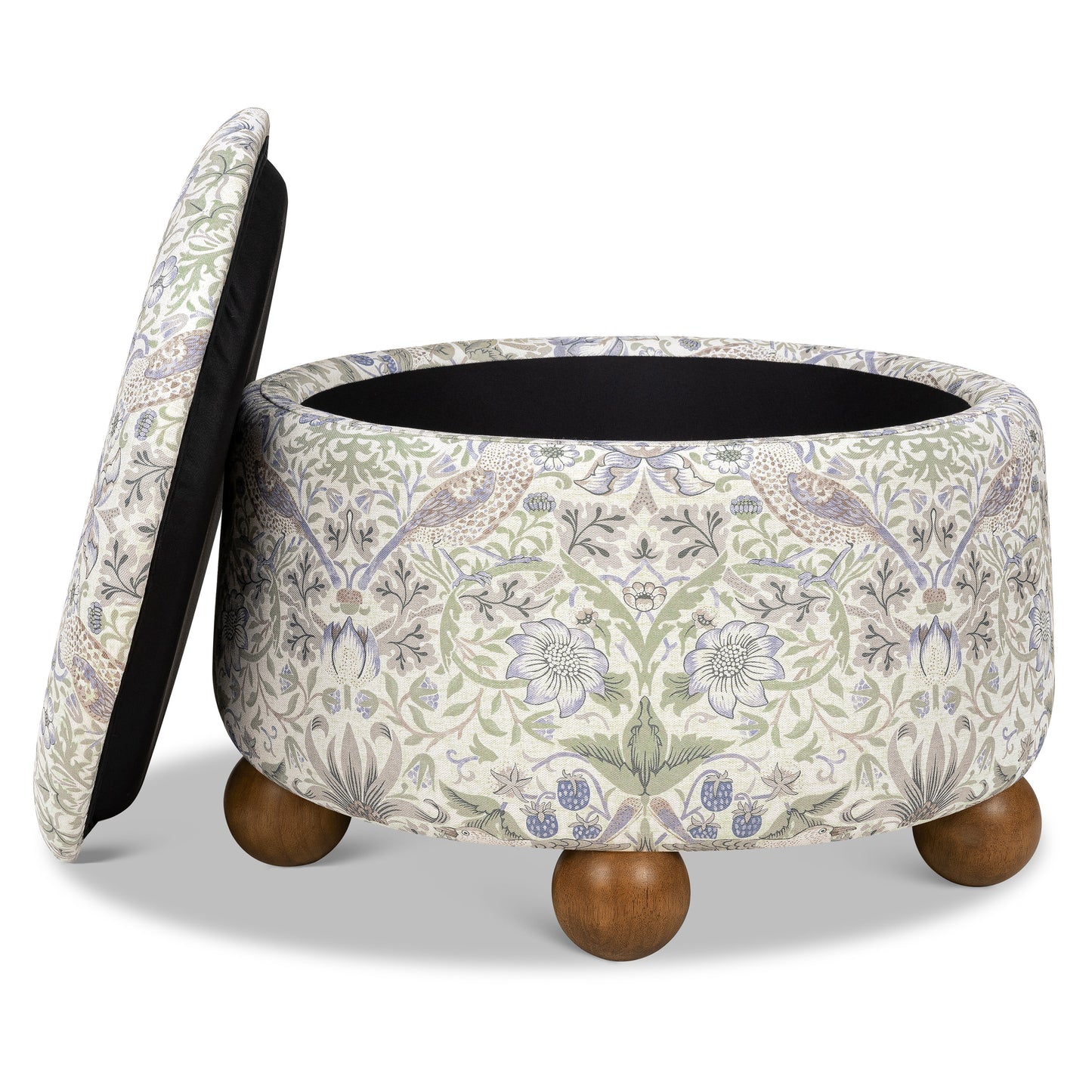 M30985TTFTDF,Namesake,Morris & Co. x Namesake Tuffet Storage Ottoman Strawberry Thief in Fig&Thyme w/DarkWood Ball Feet