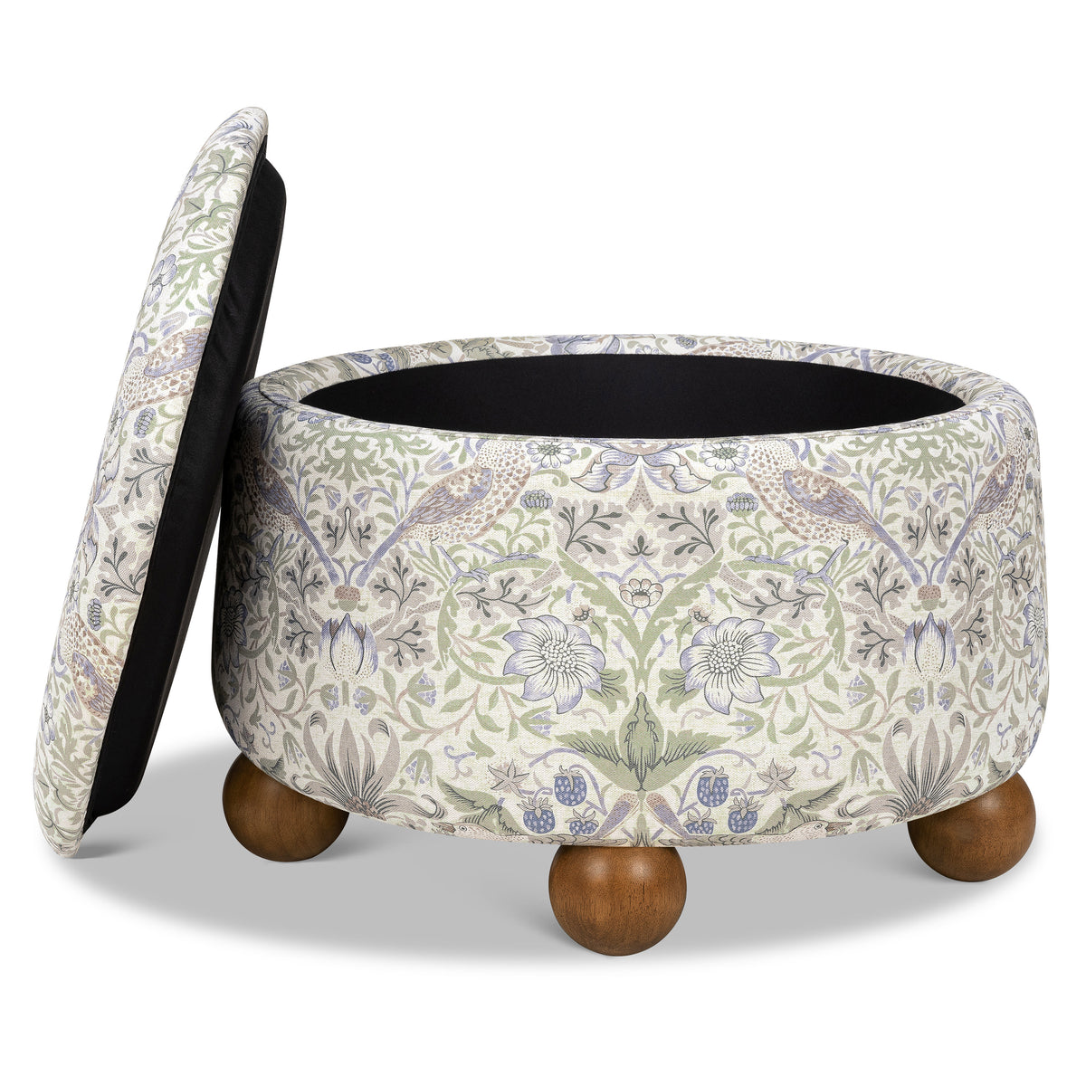 M30985TTFTDF,Namesake,Morris & Co. x Namesake Tuffet Storage Ottoman Strawberry Thief in Fig&Thyme w/DarkWood Ball Feet