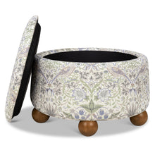 M30985TTFTDF,Namesake,Morris & Co. x Namesake Tuffet Storage Ottoman Strawberry Thief in Fig&Thyme w/DarkWood Ball Feet