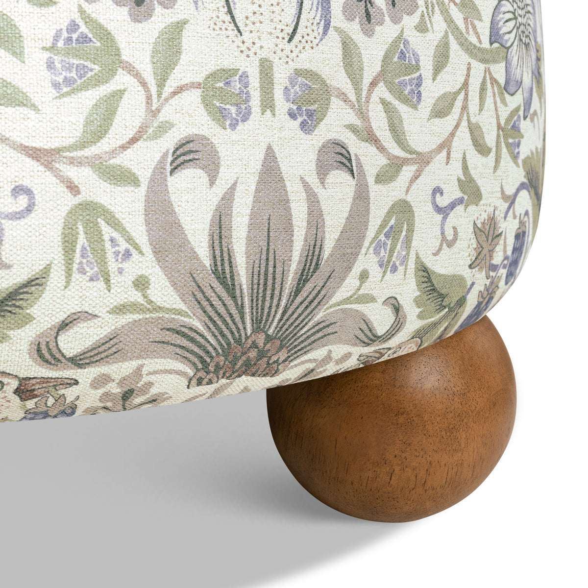 M30985TTFTDF,Namesake,Morris & Co. x Namesake Tuffet Storage Ottoman Strawberry Thief in Fig&Thyme w/DarkWood Ball Feet