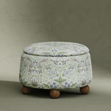 M30985TTFTDF,Namesake,Morris & Co. x Namesake Tuffet Storage Ottoman Strawberry Thief in Fig&Thyme w/DarkWood Ball Feet