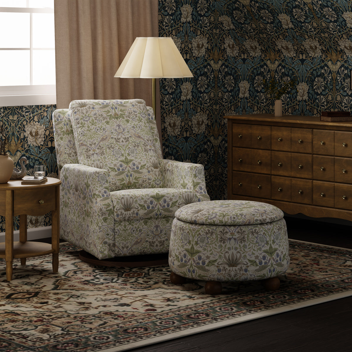 M30985TTFTDF,Namesake,Morris & Co. x Namesake Tuffet Storage Ottoman Strawberry Thief in Fig&Thyme w/DarkWood Ball Feet