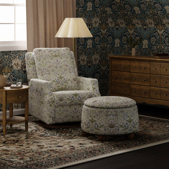 M30985TTFTDF,Namesake,Morris & Co. x Namesake Tuffet Storage Ottoman Strawberry Thief in Fig&Thyme w/DarkWood Ball Feet