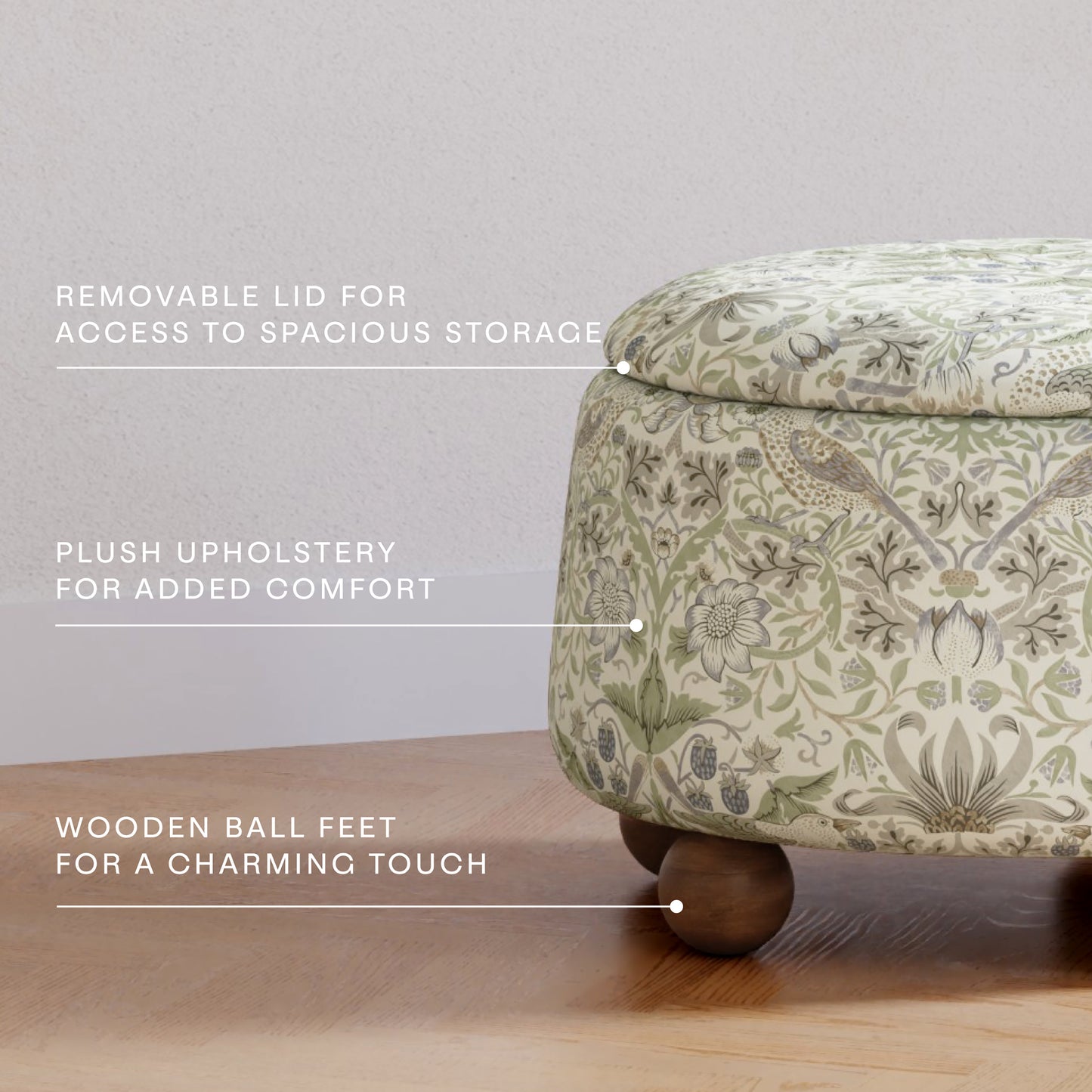 M30985TTFTDF,Namesake,Morris & Co. x Namesake Tuffet Storage Ottoman Strawberry Thief in Fig&Thyme w/DarkWood Ball Feet