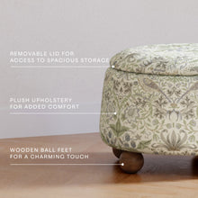 M30985TTFTDF,Namesake,Morris & Co. x Namesake Tuffet Storage Ottoman Strawberry Thief in Fig&Thyme w/DarkWood Ball Feet