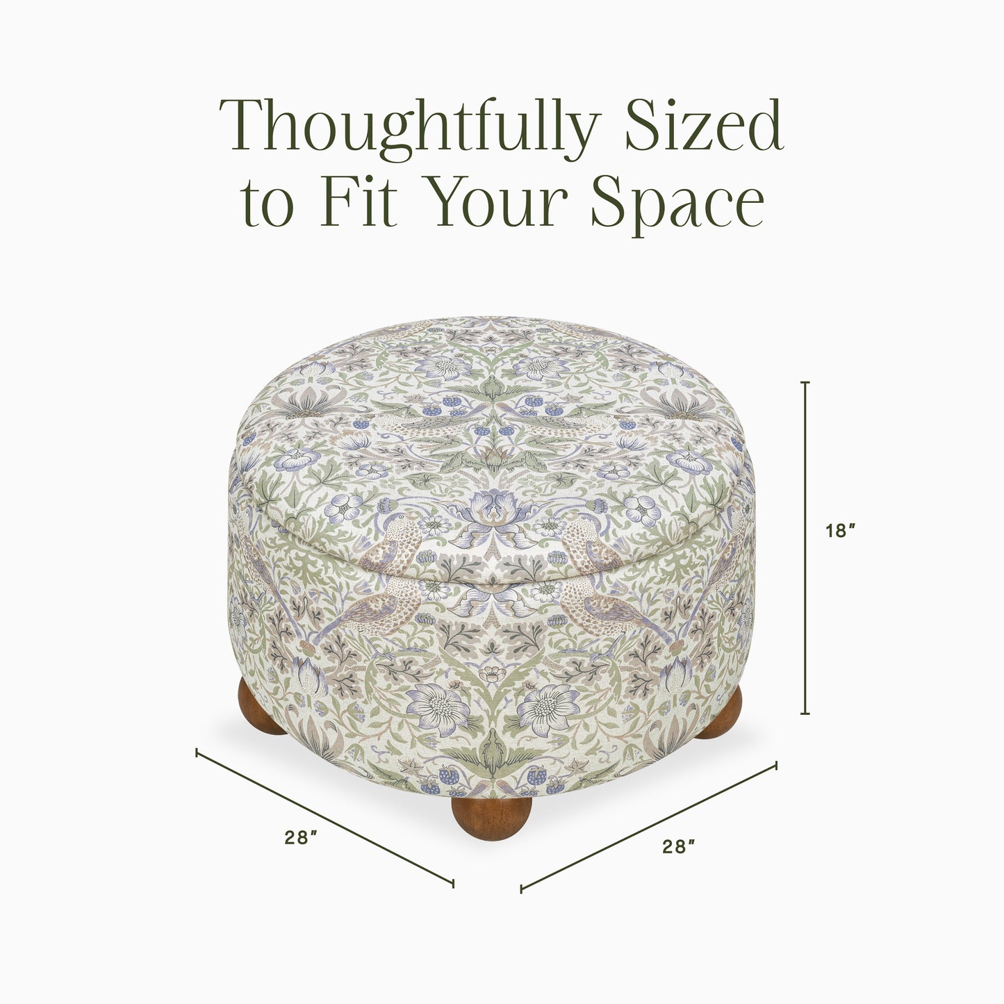 M30985TTFTDF,Namesake,Morris & Co. x Namesake Tuffet Storage Ottoman Strawberry Thief in Fig&Thyme w/DarkWood Ball Feet