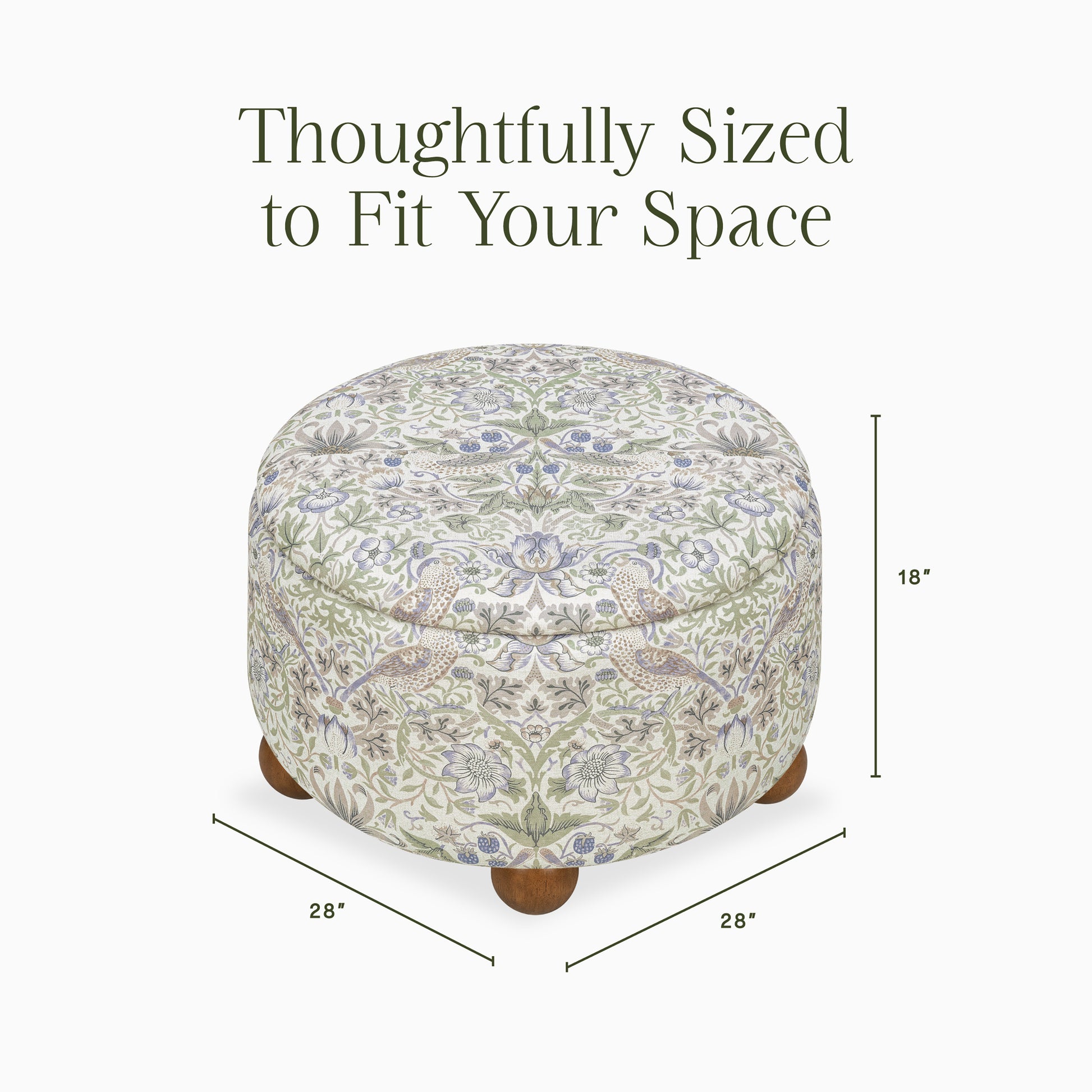 M30985TTFTDF,Namesake,Morris & Co. x Namesake Tuffet Storage Ottoman Strawberry Thief in Fig&Thyme w/DarkWood Ball Feet