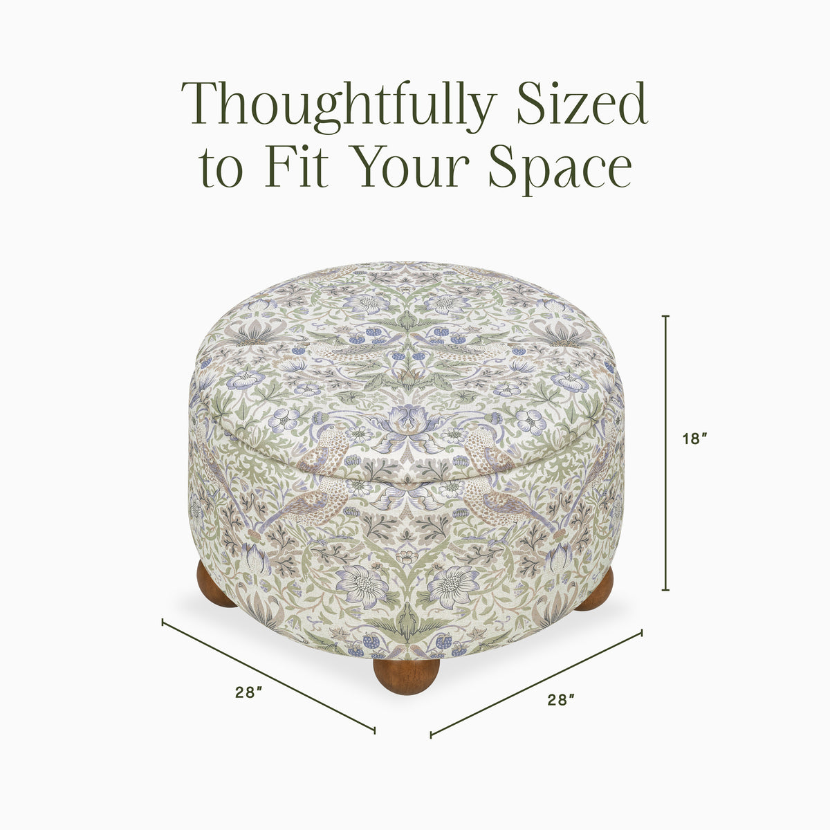 M30985TTFTDF,Namesake,Morris & Co. x Namesake Tuffet Storage Ottoman Strawberry Thief in Fig&Thyme w/DarkWood Ball Feet