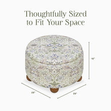 M30985TTFTDF,Namesake,Morris & Co. x Namesake Tuffet Storage Ottoman Strawberry Thief in Fig&Thyme w/DarkWood Ball Feet