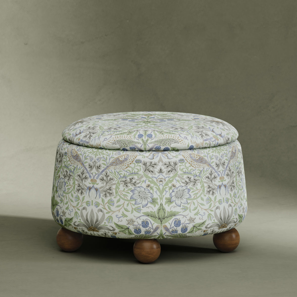 M30985TTFTDF,Namesake,Morris & Co. x Namesake Tuffet Storage Ottoman Strawberry Thief in Fig&Thyme w/DarkWood Ball Feet