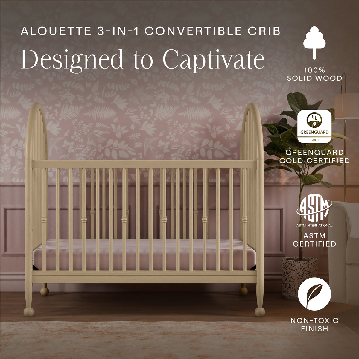 M31401WP,Namesake,Alouette 3-in-1 Convertible Spindle Crib in Washed Pine